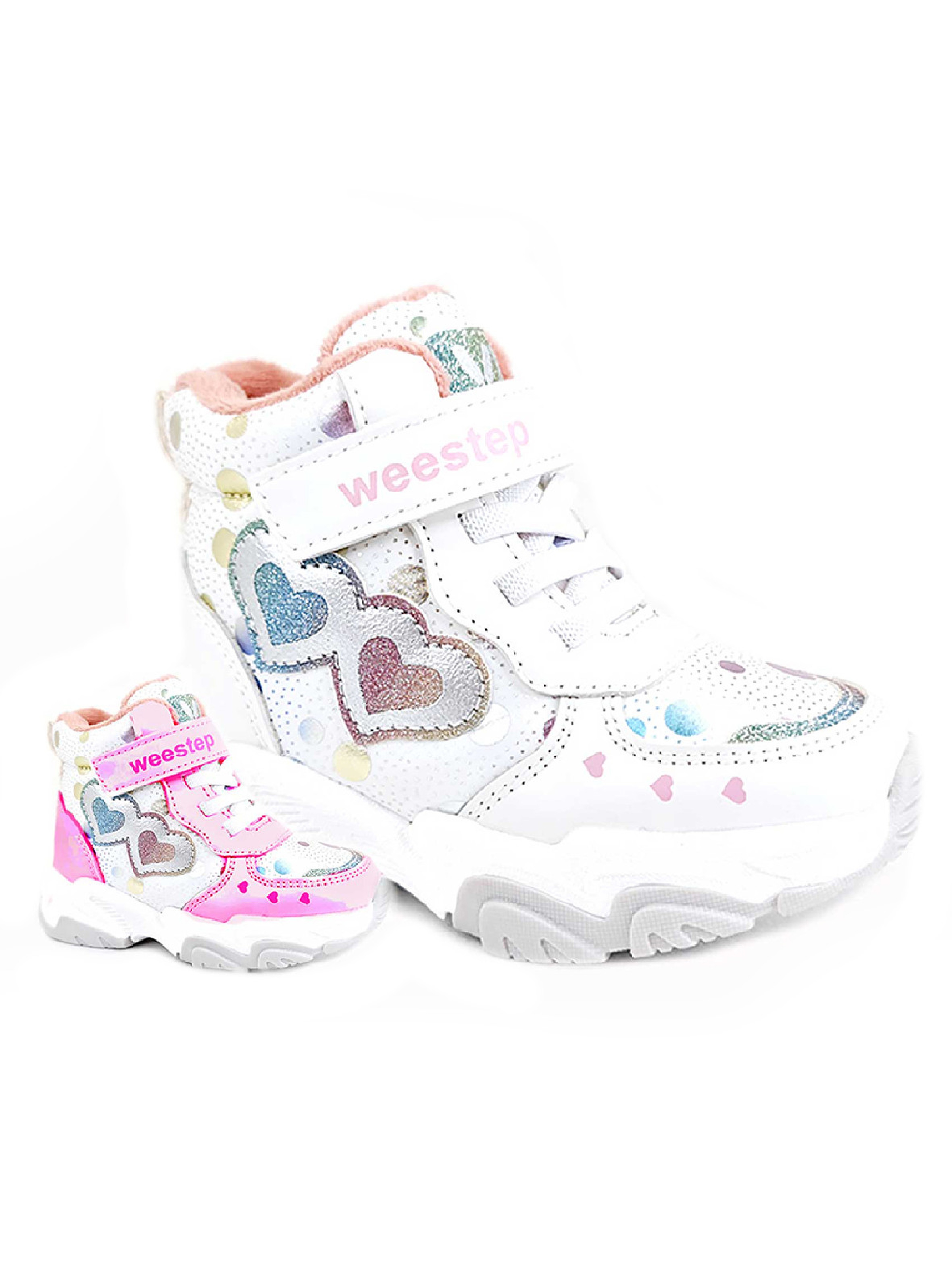 Białe przejściowe buty niemowlęce zmieniające kolor Weestep z sercami