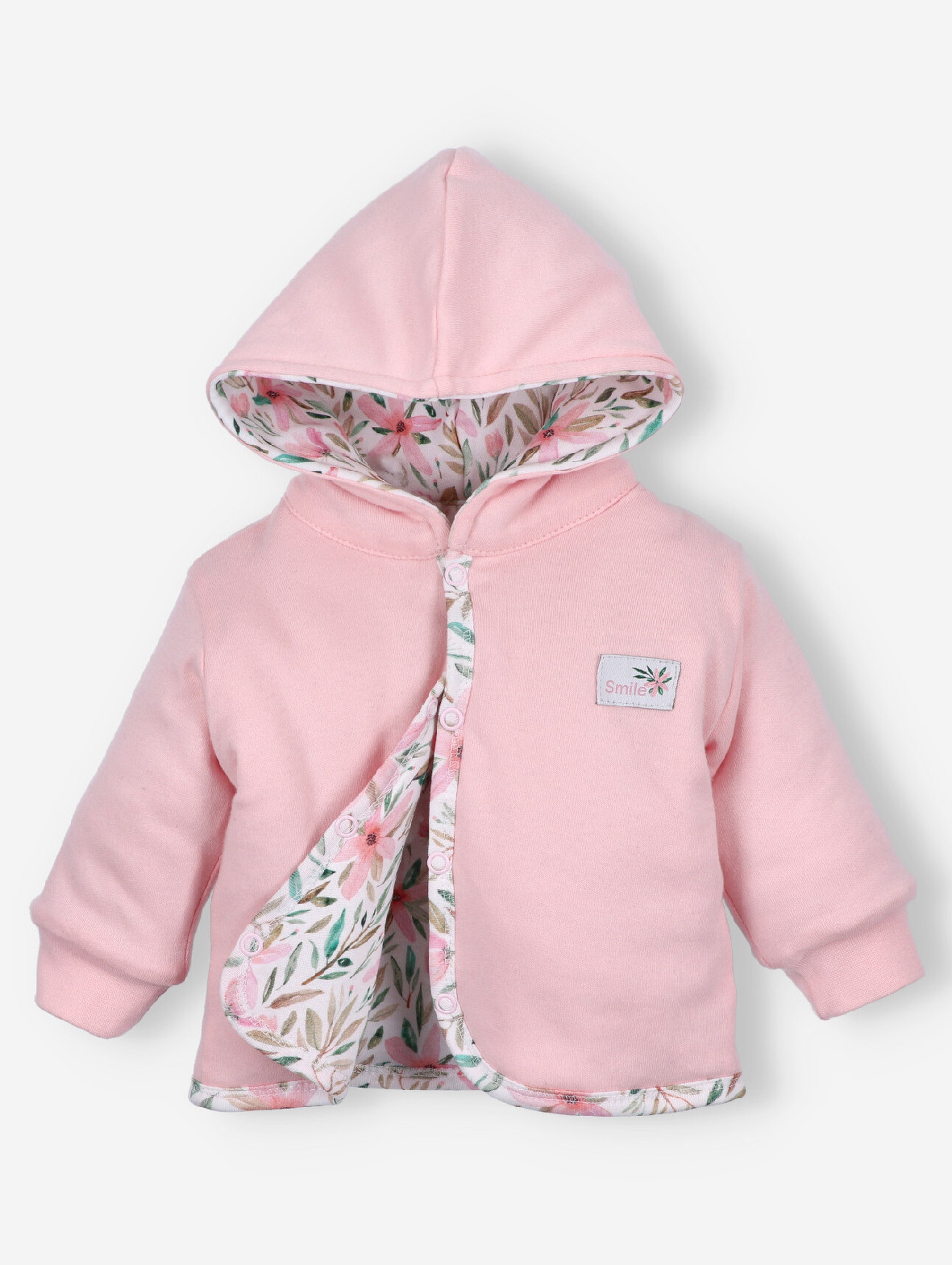 Dwustronna kurtka niemowlęca PINK FLOWERS z bawełny organicznej z kapturem