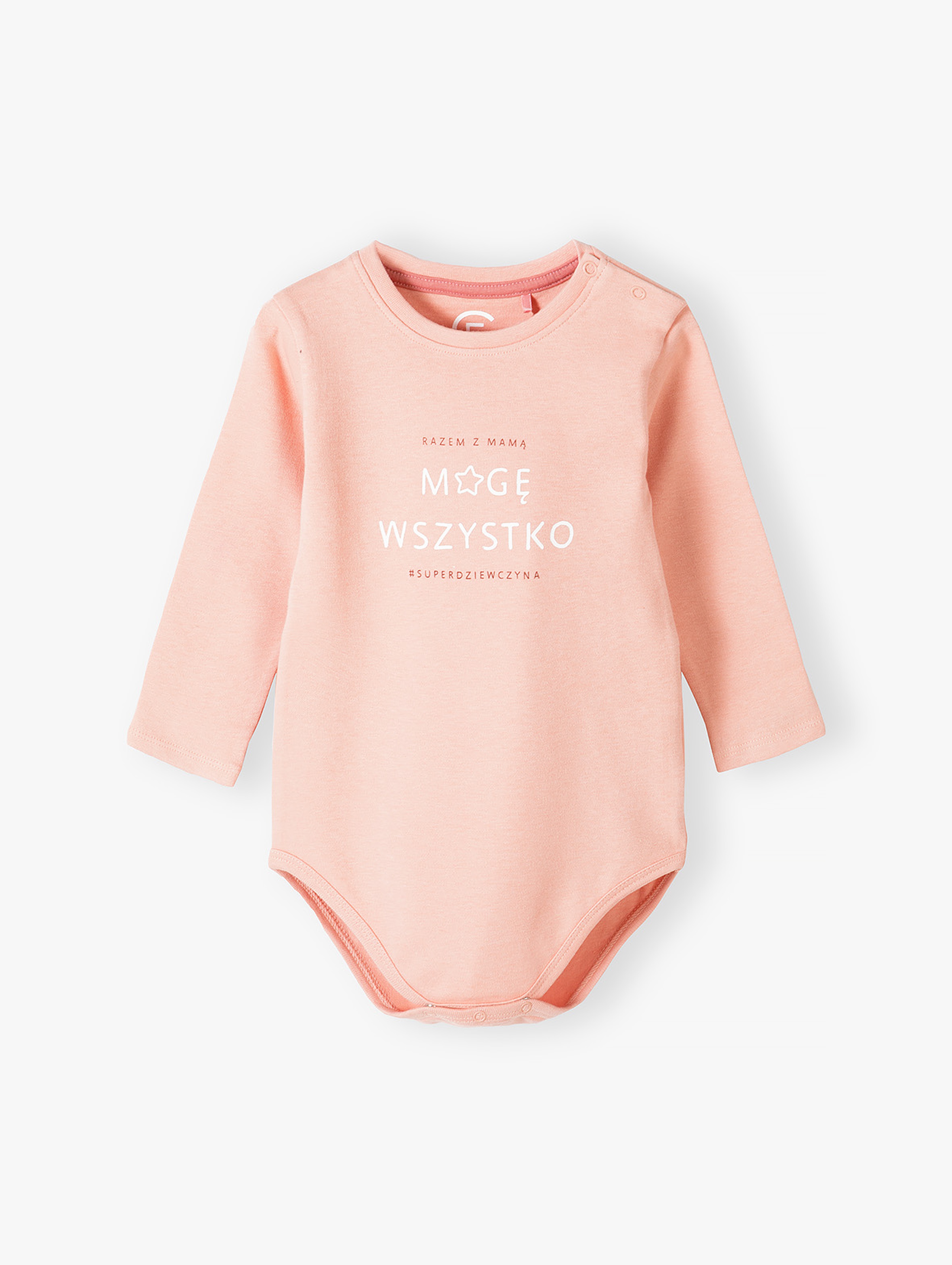 Bawełniane body niemowlęce różowe z długim rękawem z napisem Mogę Wszystko - różowe
