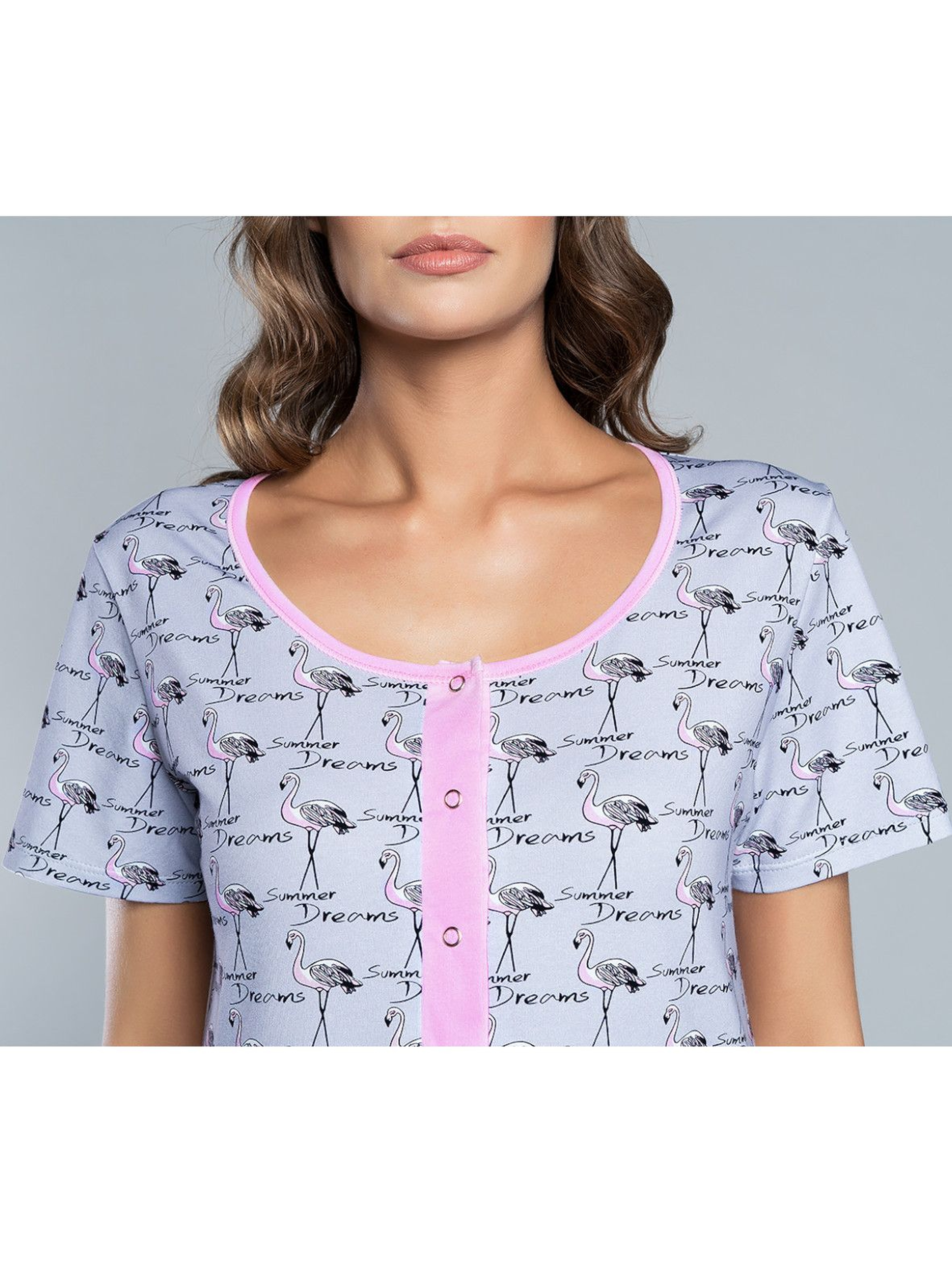 Koszula nocna damska z flamingami na krótki rękaw - Model przystosowany dla Matek karmiących