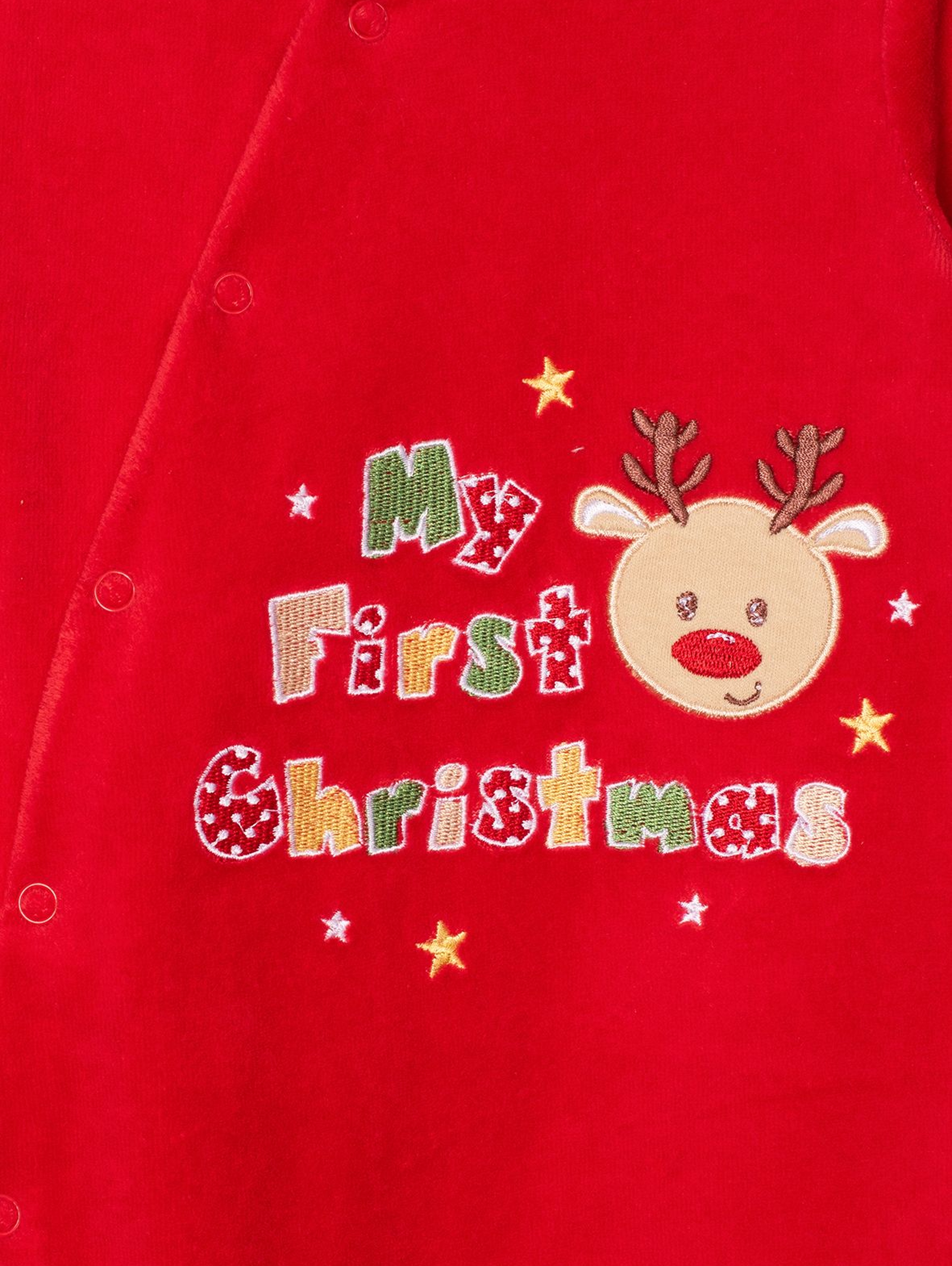 Pajac welurowy dla niemowlaka- czerwony  z reniferem My First Christmas