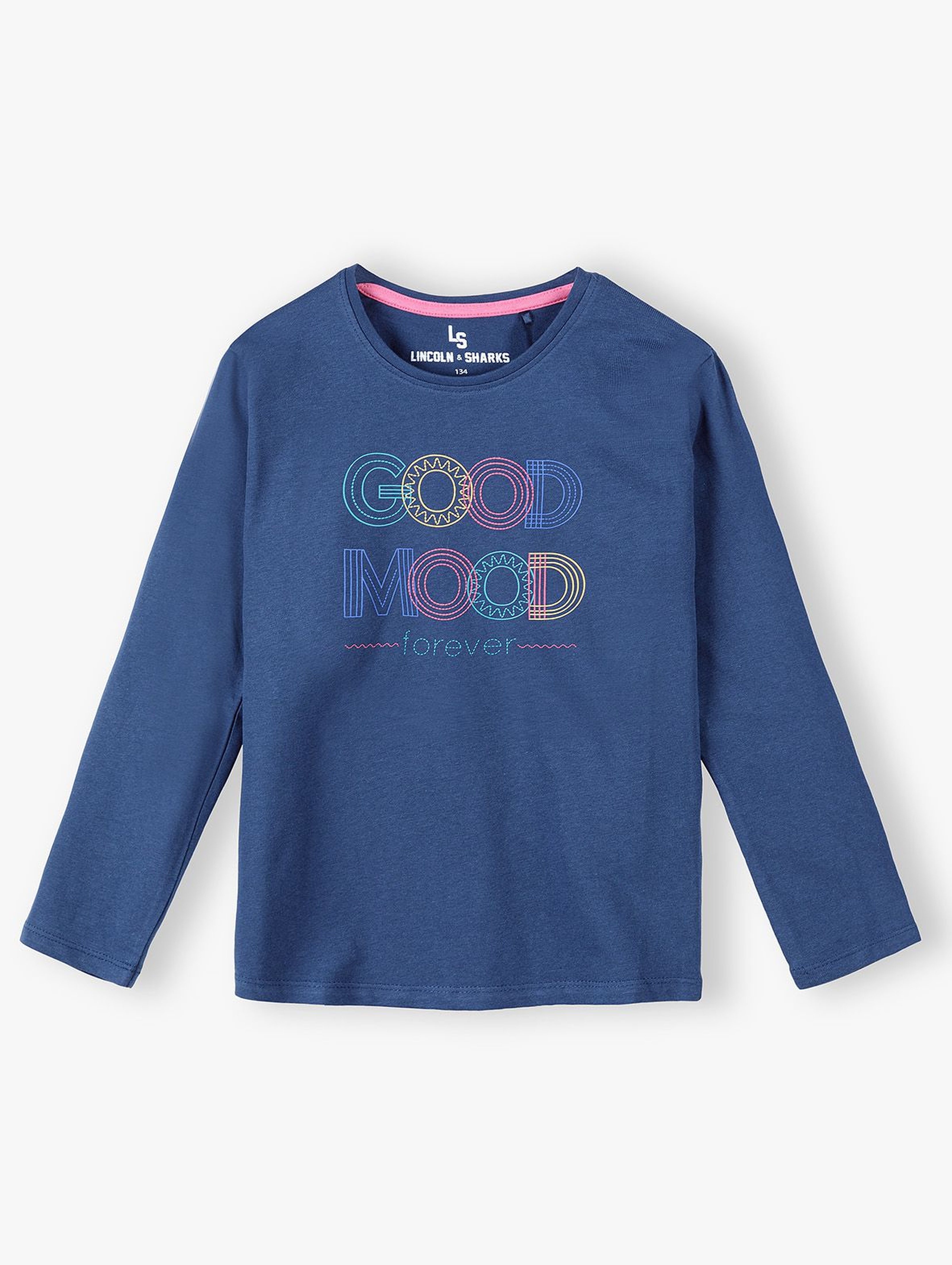 Granatowa bawełniana bluzka dziewczęca z napisem Good Mood