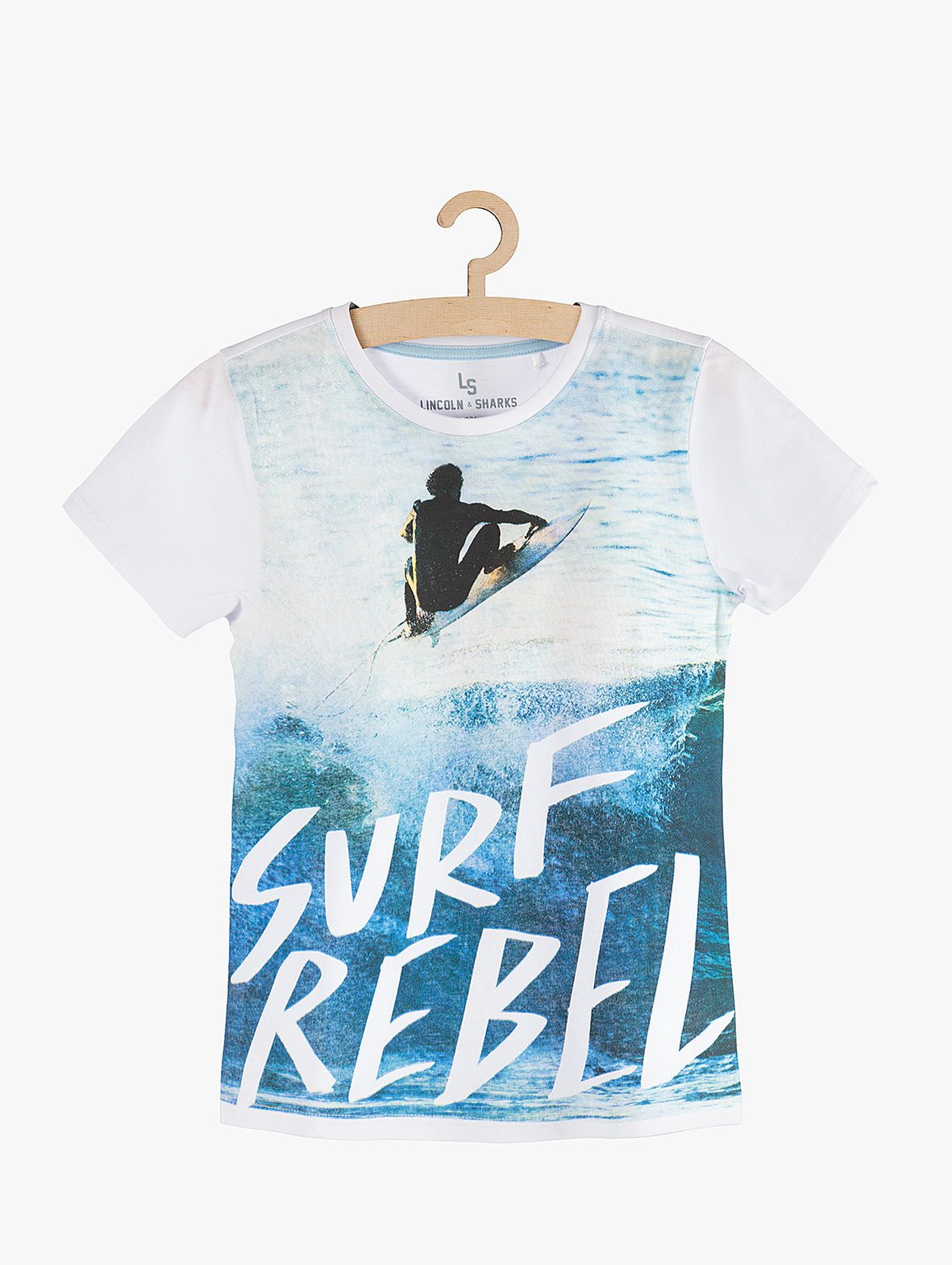 T-Shirt chłopięcy biały z nadrukami- Surf Rebel