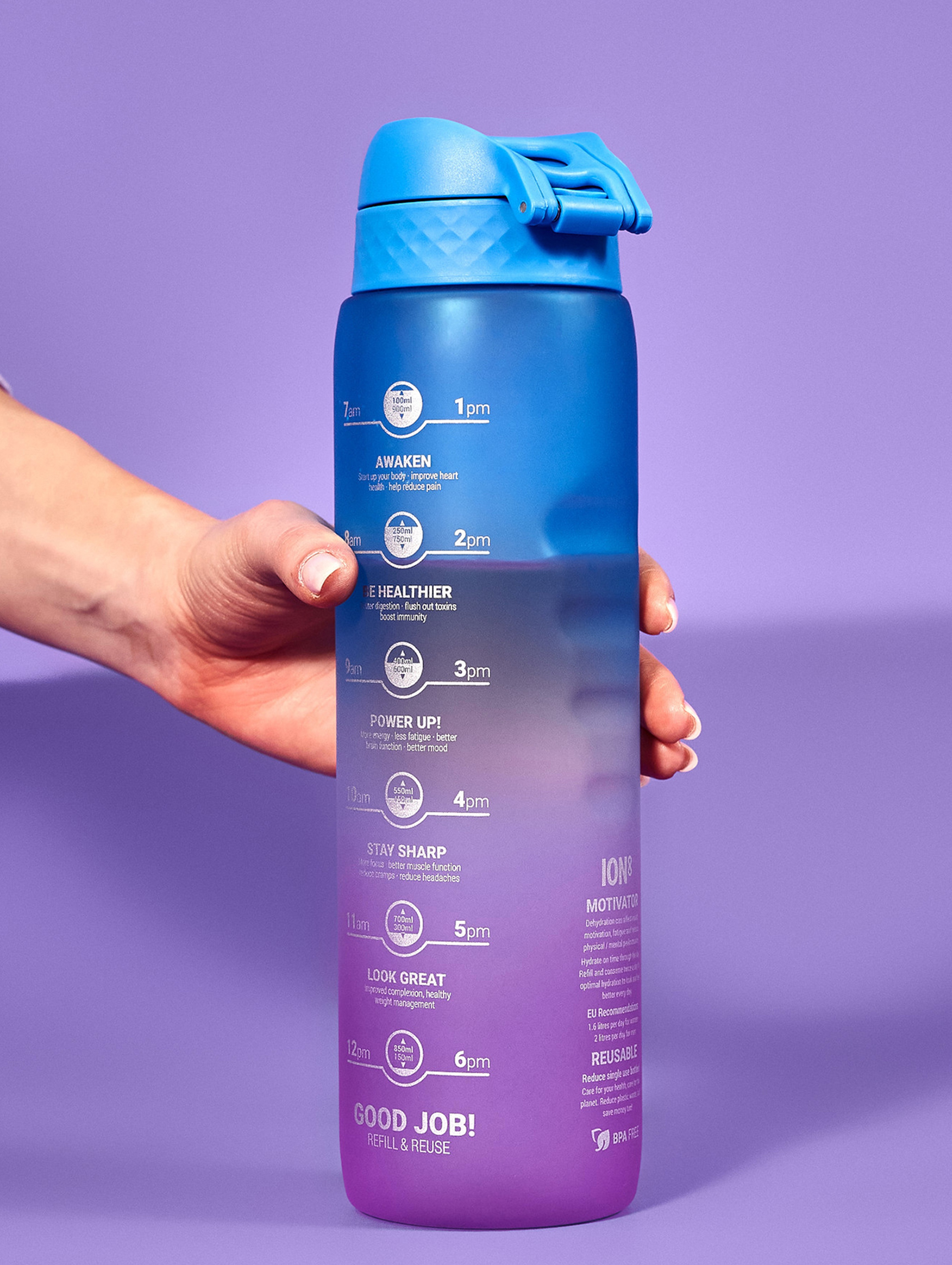 Butelka na wodę ION8 BPA Free Gradient Blue/Pink Motivator 1200ml  - wielokolorowa