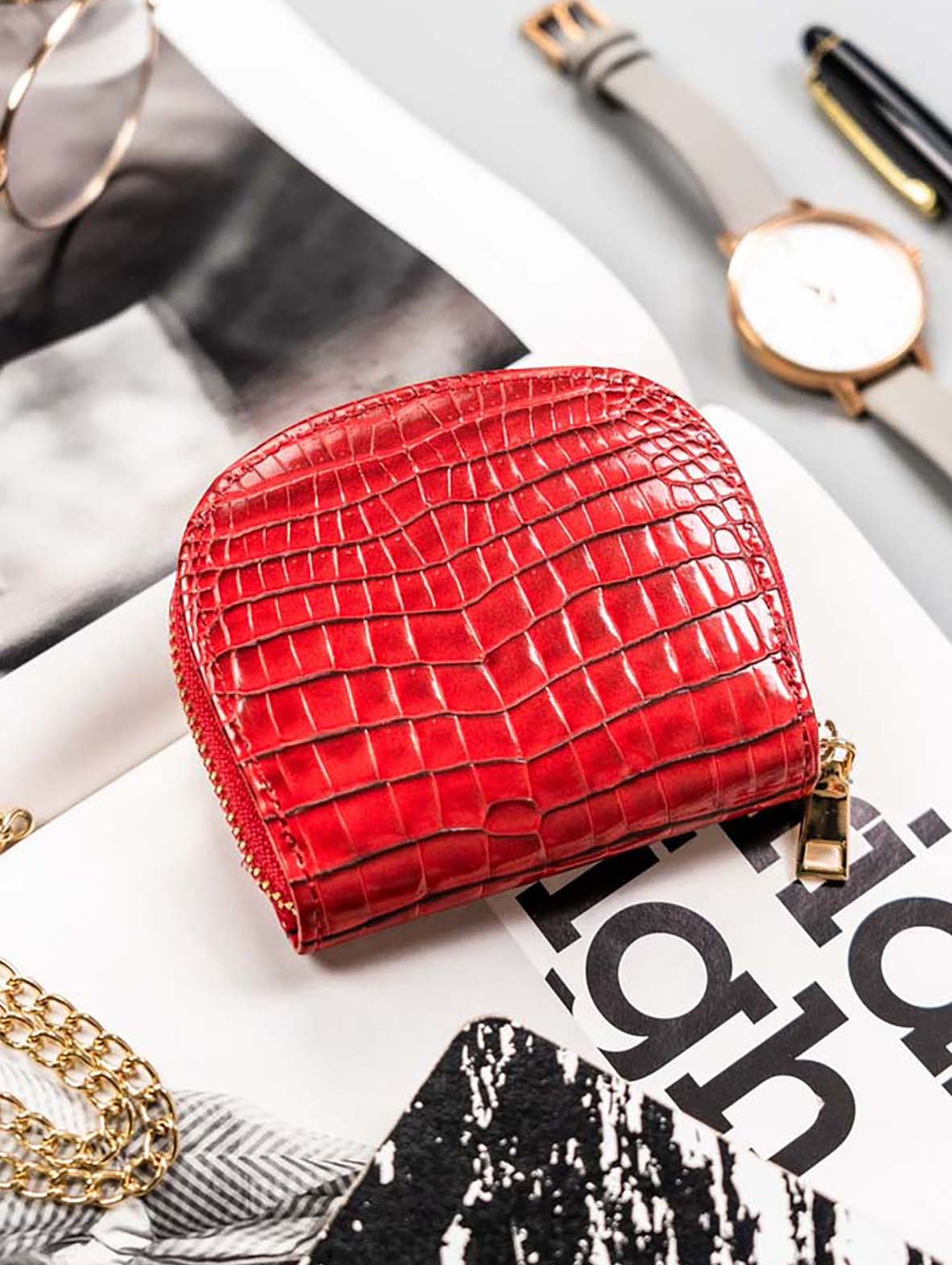 Mała portmonetka czerwona damska na zamek - Milano Design