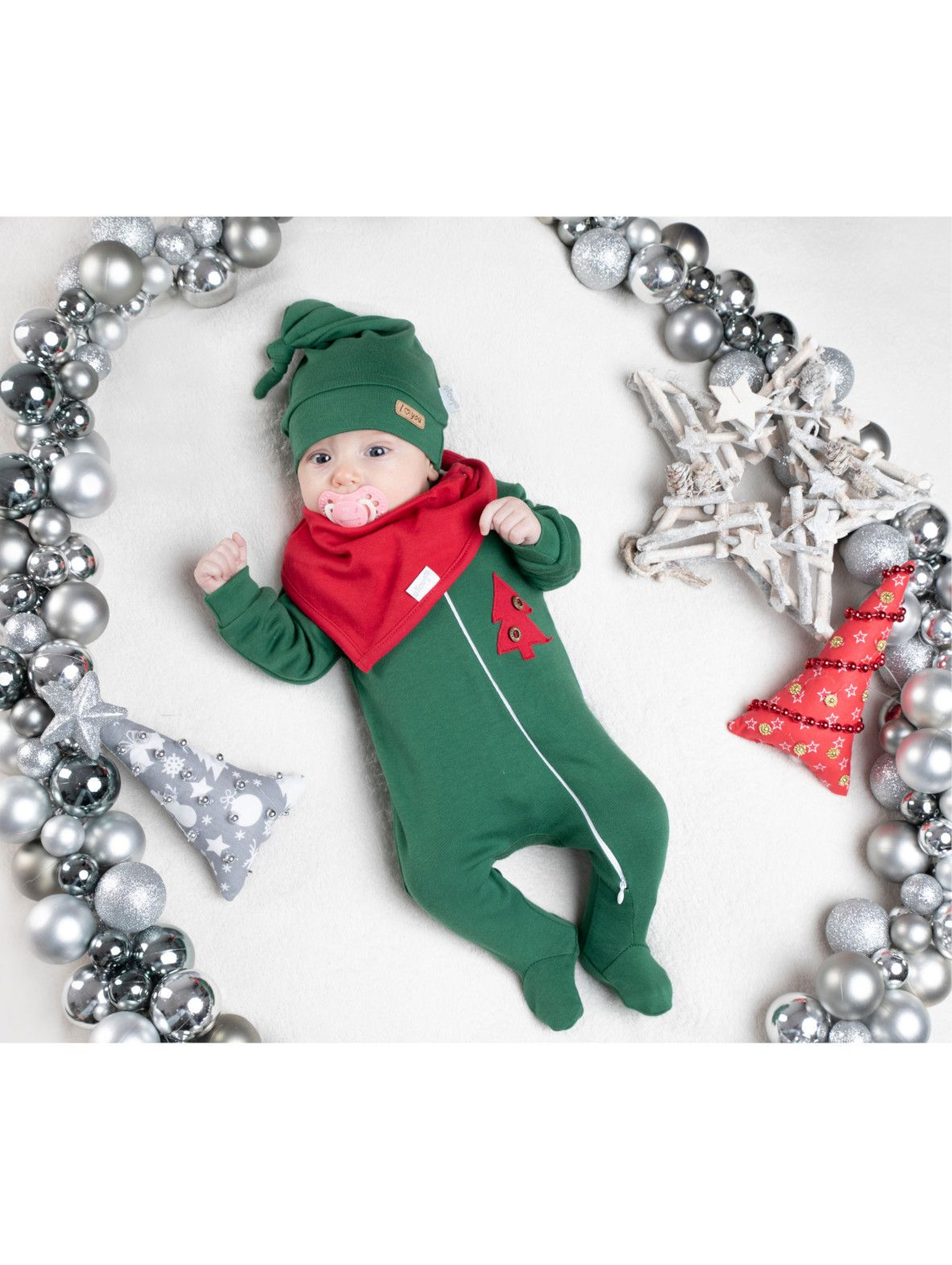 Komplet świąteczny niemowlęcy czapka, apaszka, pajac - zielony
