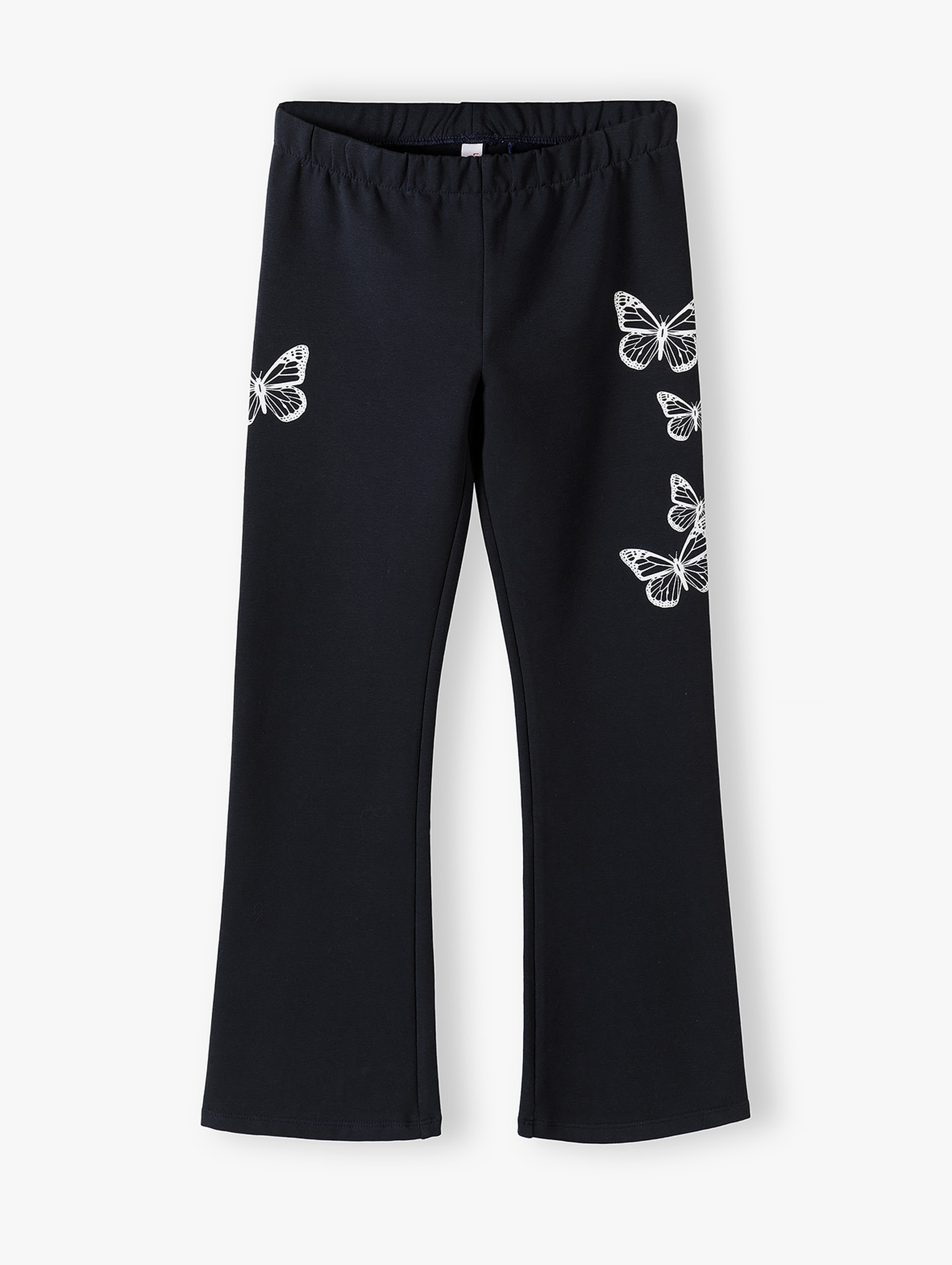 Czarne spodnie dziewczęce typu flare z motylkami