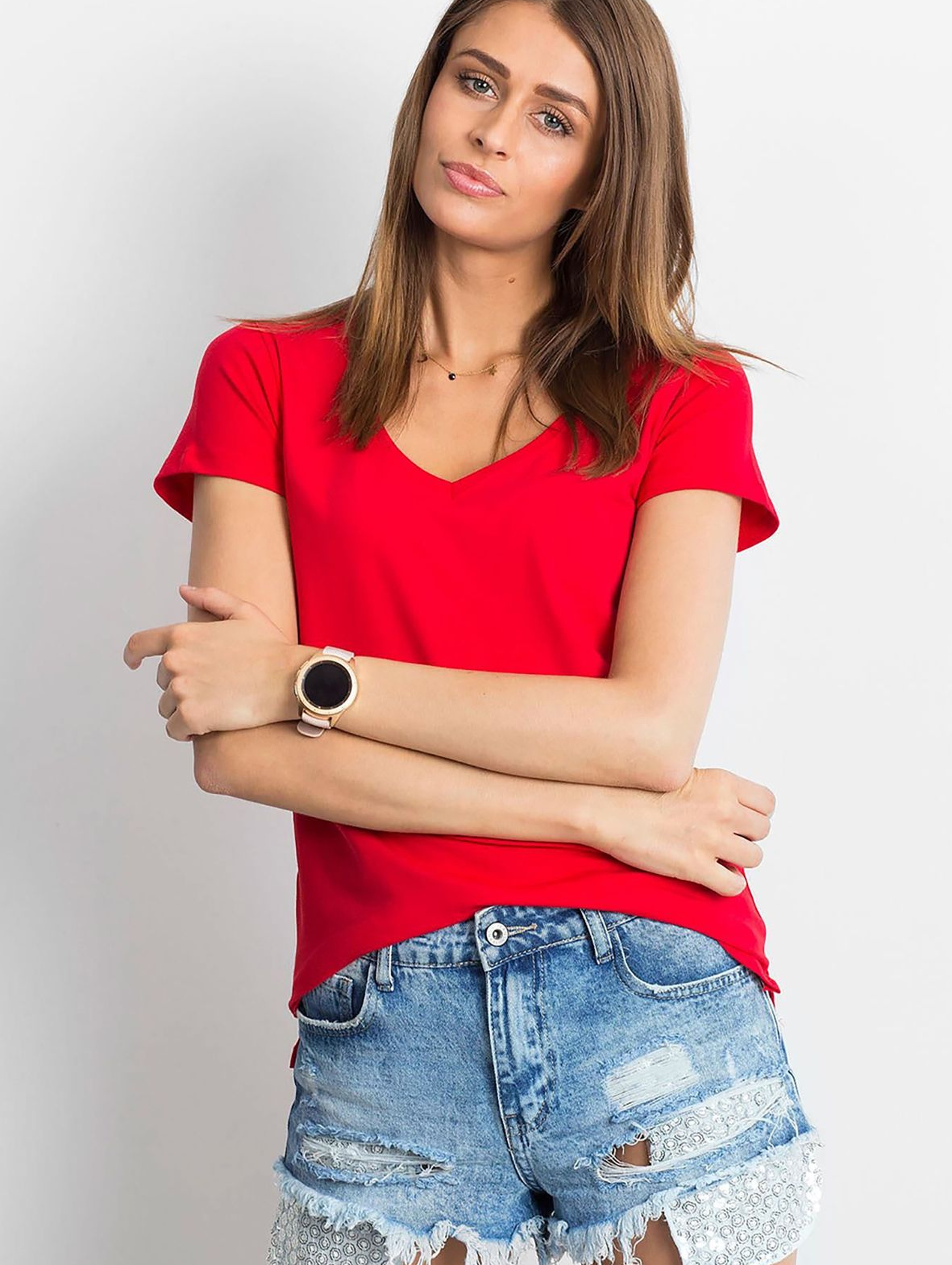 T-shirt damski w serek - czerwony