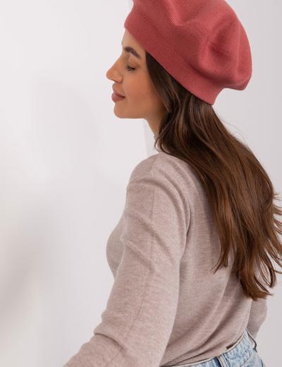 Ceglasta damska czapka zimowa typu beret z kaszmirem