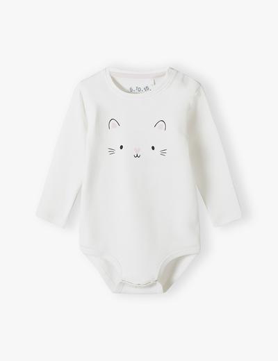 Białe bawełniane body niemowlęce z długim rękawem - kotek