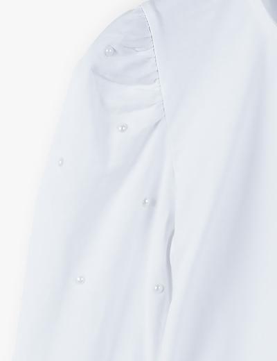 Bluzka dziewczęca- biała z bufiastymi rękawami i perełkami