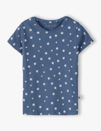 Bawełniany t-shirt dziewczęcy w stokrotki - niebieski