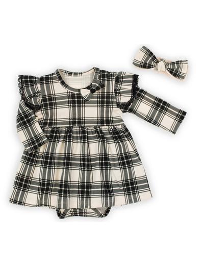 Komplet bawełniany niemowlęcy sukienko-body+ opaska w kratkę czarny