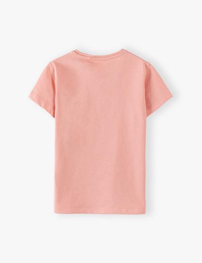 Bawełniany różowy t-shirt dziewczęcy z połyskującym nadrukiem