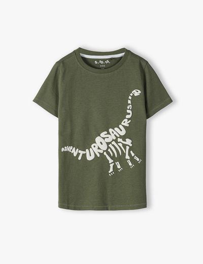 Bawełniany t-shirt chłopięcy w kolorze ciemnej zieleni z Dinozaurem