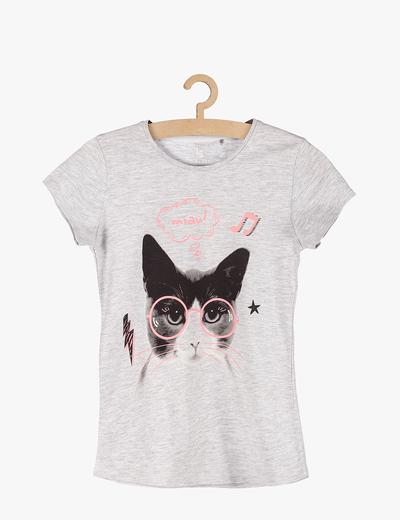 T-shirt dziewczęcy- szary z kotem