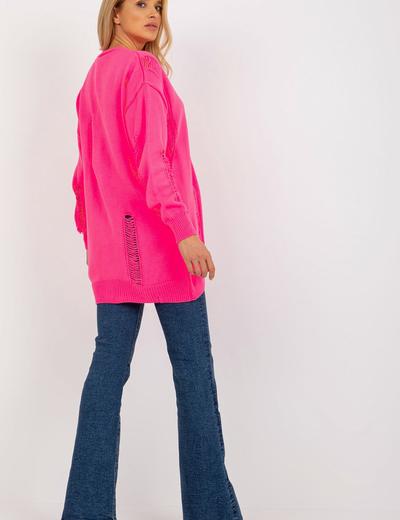 Fluo różowy luźny sweter rozpinany z dziurami RUE PARIS