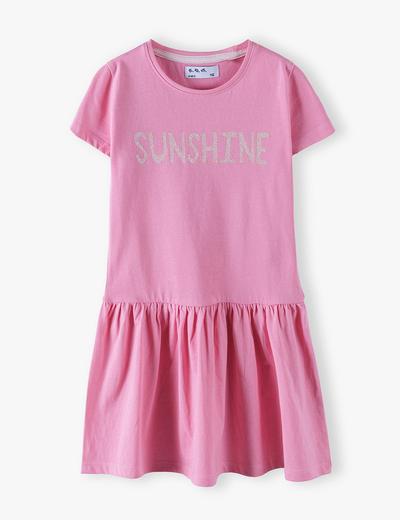 Sukienka na  krótki rękaw z napisem Sunshine - różowa