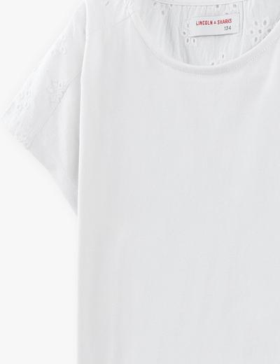 T-shirt dziewczęcy  - biały z ażurową górą i rękawkami