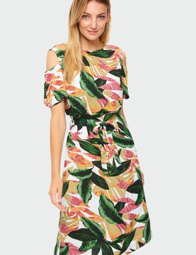 Wiskozowa sukienka z nadrukiem w liście pasek w talii odkryte ramiona