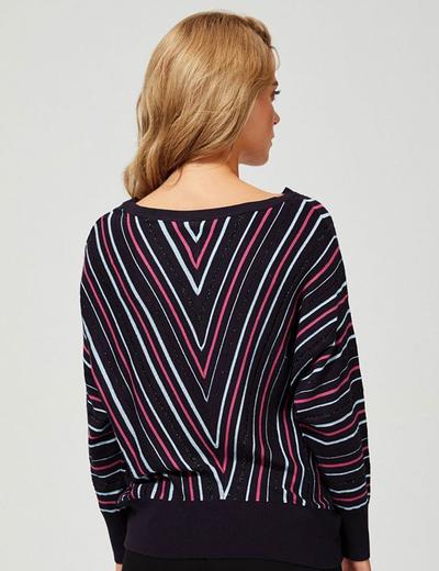 Luźny sweter w kolorowe paski ze ściągaczem w pasie