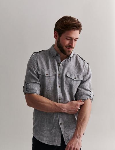 Lniana koszula męska z dwoma kieszonkami - szara
