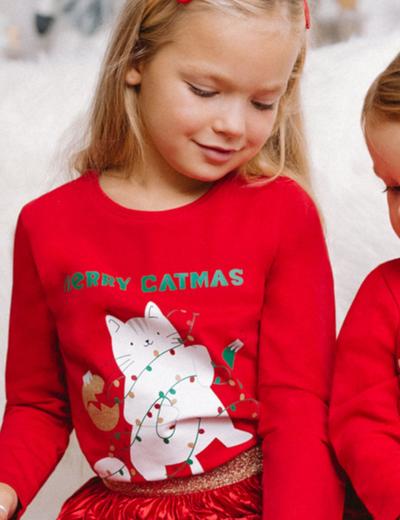 Bluzka świąteczna dla dziewczynki - czerwona z kotem