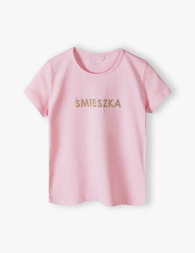 Różowy t-shirt dziewczęcy z brokatowym napisem - Śmieszka - 5.10.15.