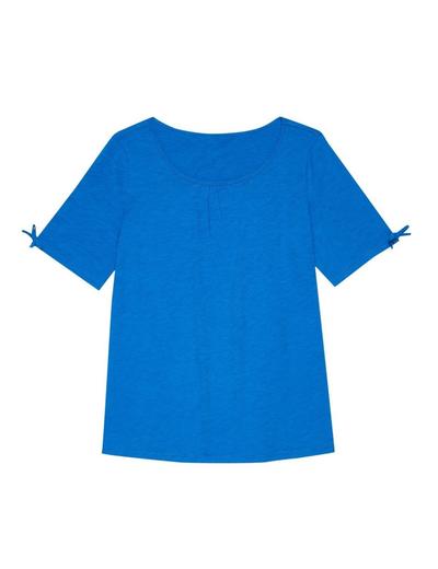 T-shirt damski bawełniany z kokardkami na rękawach- niebieski