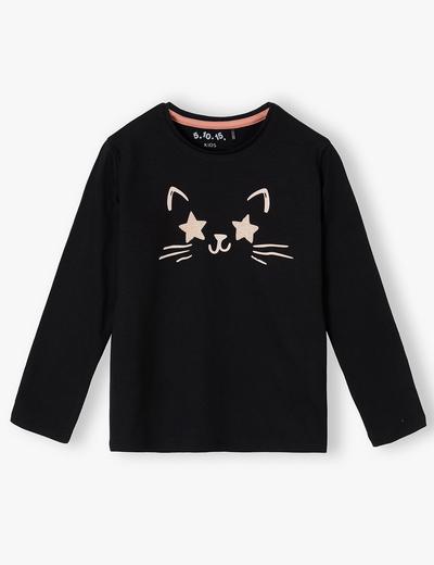 Bawełniana czarna bluzka z kotem dla dziewczynki - długi rękaw