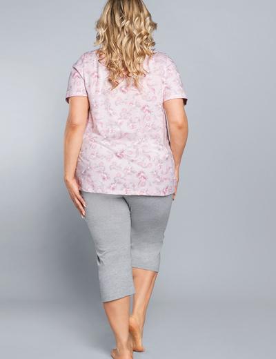 Dwuczęściowa piżama damska- różowa bluzka we wzorki na krótki rękaw + szare spodnie 3/4 nogawka