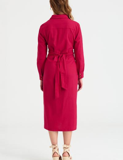 Lniana Rozkloszowana sukienka za kolano czerwona