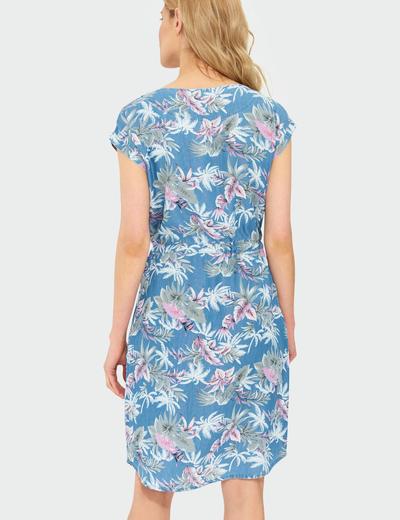 Niebieska sukienka o luźnym kroju z roślinnym nadrukiem z lyocellu