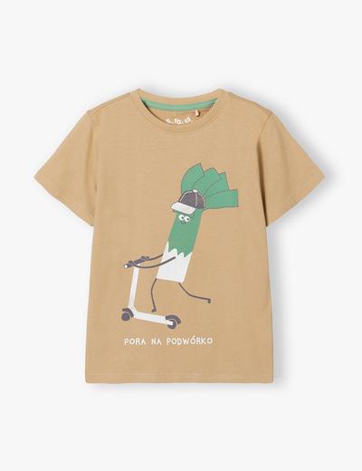 Beżowy t-shirt dla chłopca bawełniany z nadrukiem