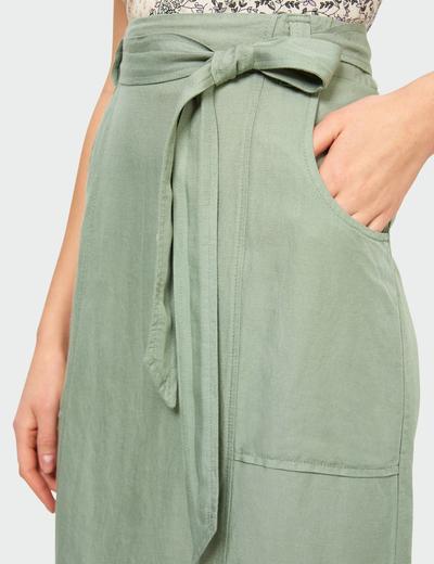 Lniana Zielona ołówkowa spódnica z paskiem w talii