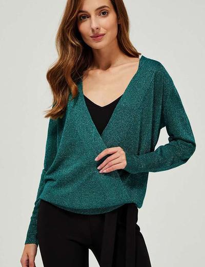 Sweter damski z zielony metaliczną nitką