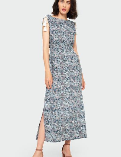Wiskozowa długa sukienka z nadrukiem z okrągłym dekoltem, ściągaczami na ramionach, bez rękawów