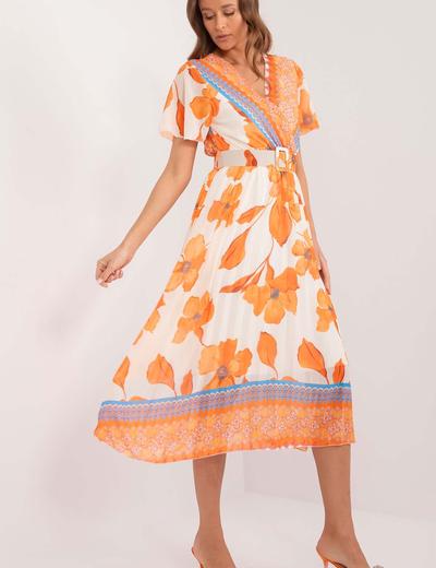 Wzorzysta sukienka z paskiem pomarańczowa