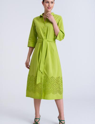 Długa sukienka damska - szmizjerka z ażurowym dołem - zielona