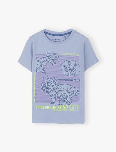 T-shirt bawełniany chłopięcy z nadrukiem dinozaura - niebieski