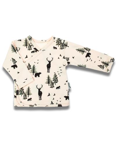 Bawełniana beżowa koszulka niemowlęca z leśnym wzorem z długim rękawem