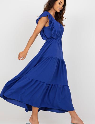 Kobaltowa midi sukienka z falbankami przy rękawach