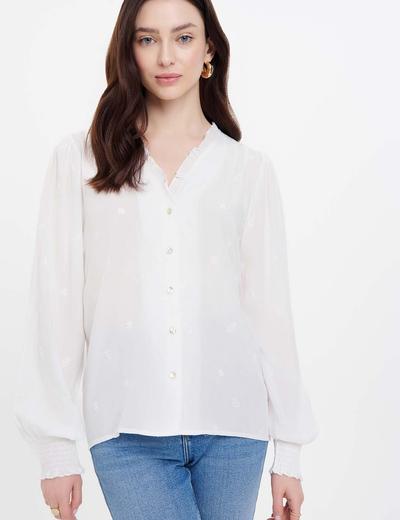 Damska koszula z haftem i falbankami - biała