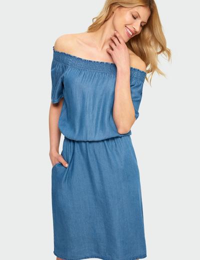 Niebieska sukienka z lyocellu typu hiszpanka podkreślona talia