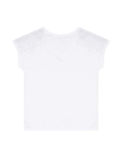 Bawełniany biały T-shirt damski na krótki rękaw z ażurowym zdobieniem