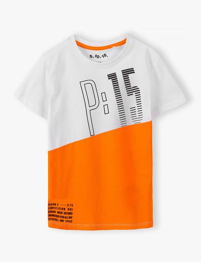 Bawełniany t-shirt chłopięcy biało- pomarańczowy