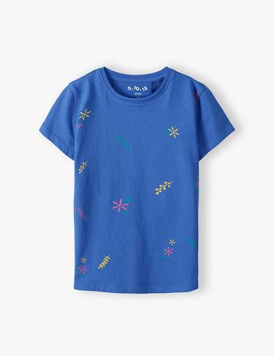 Dzianinowy niebieski t-shirt  dziewczęcy w kwiatki