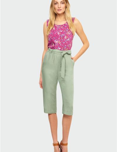 Lniane Zielone spodnie damskie z ozdobnym wiązaniem - 3/4 nogawka