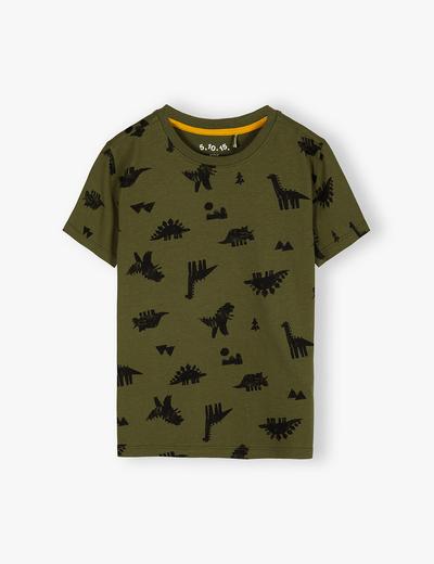 T-shirt chłopięcy bawełniany khaki z dinozaurami