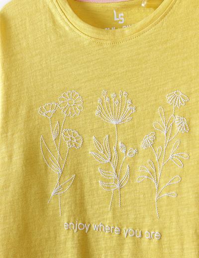Bawełniany żółty t-shirt dziewczęcy z wyhaftowanymi kwiatkami